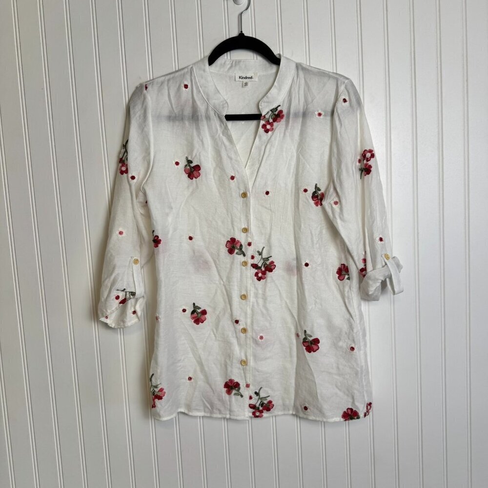 Kindred White Floral Embroidered Semi Sheer Button Down P33